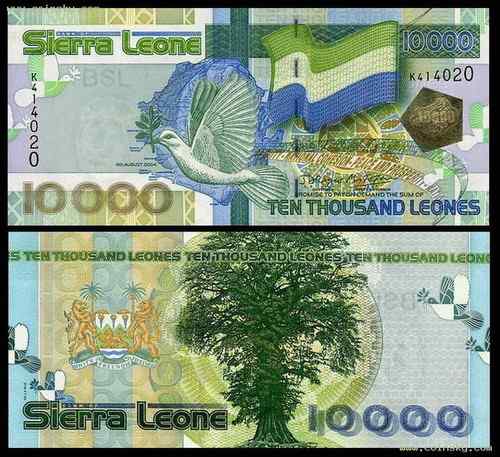 塞拉利昂10000利昂——和平鸽与棉花树