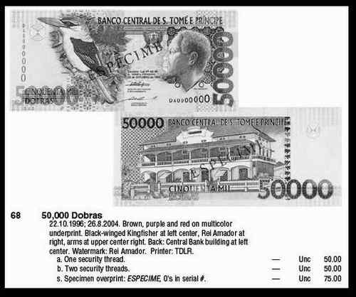 圣多美和普林西比50000多布拉——黑翅翠鸟